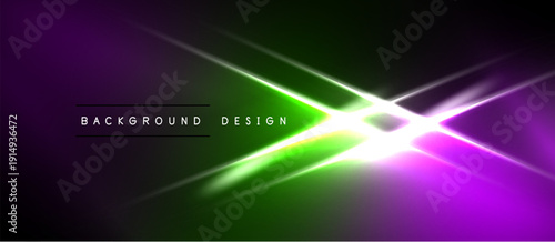 Abstract vibrant background. Purple, green gradients create dynamic light flares, lines. Modern design element for digital projects.