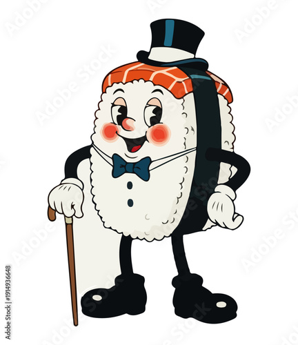 A distinguished sushi character in a tuxedo and top hat, holding a cane, with a charming smile and rosy cheeks. This fun character embodies Japanese cuisine and elegance.