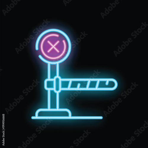 Neon closed barrier sign with a cross mark glowing on a dark background