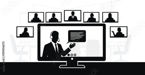Virtual meeting with multiple participants displayed on screens a modern silhouette