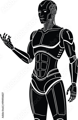 Futuristic cyborg figure with detailed mechanical parts striking black silhouette