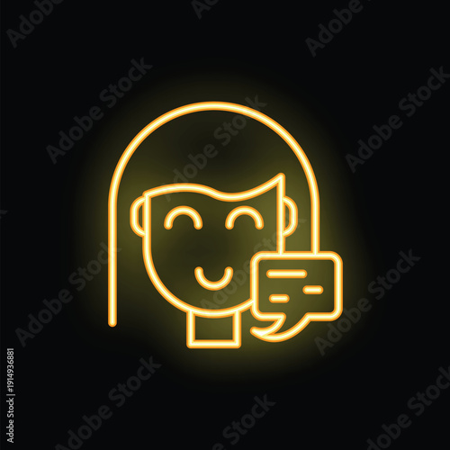 Neon icon of a happy woman with a speech bubble, representing online chatting