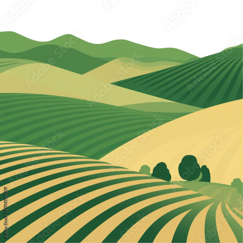 Flat vector illustration of agricultural landscape with cultivated fields and rolling green hills. Concept of farming, rural environment, sustainable agriculture and countryside scenery.
