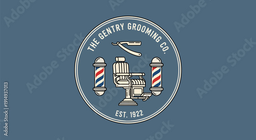 Vintage Barbershop Emblem with Chair, Razor, and Barber Poles.