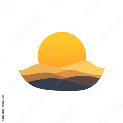 Minimalist illustration of a rising sun above layered desert hills in warm colors. Simple abstract landscape suitable for branding, presentations, wellness, and travel concepts.