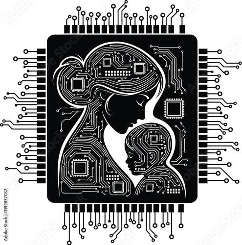 Digital mind a woman s face integrated with circuitry and technology silhouette
