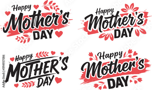 Happy mother's day typography vector set with floral hearts and ribbon for greeting card poster and banner