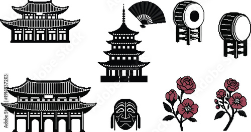 Traditional korean pagodas and architecture depicted in stark black silhouette
