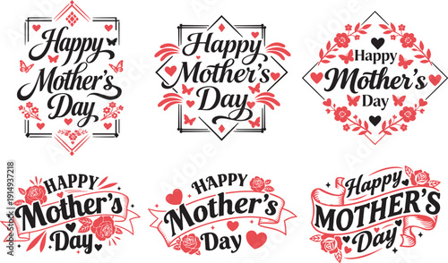 Happy mother's day typography vector set with floral hearts and ribbon for greeting card poster and banner