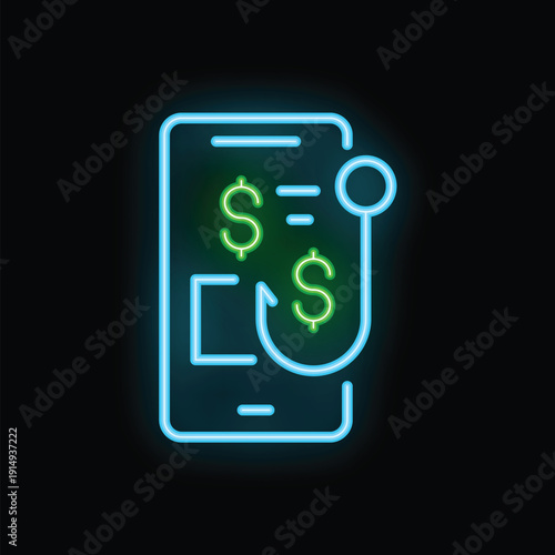 Neon icon of a smartphone with a dollar sign on a fishing hook representing an online scam