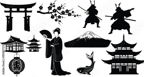 Japanese cultural elements including torii gates pagoda and woman in kimono silhouette