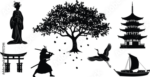 Japanese figures and architecture depicted in a striking black silhouette