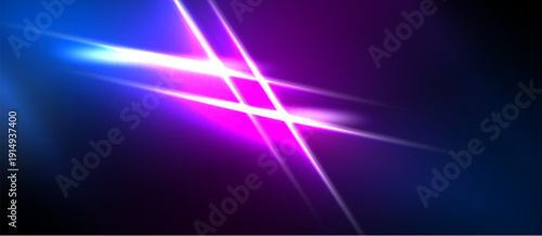 Abstract background features vibrant blue, purple, pink light streaks. Diagonal lines intersect creating dynamic visual effect. Dark areas contrast bright colors.