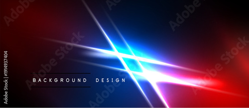 Abstract neon lines intersect, creating vibrant red, blue glow. Dark background emphasizes bright light effects. Modern design element.