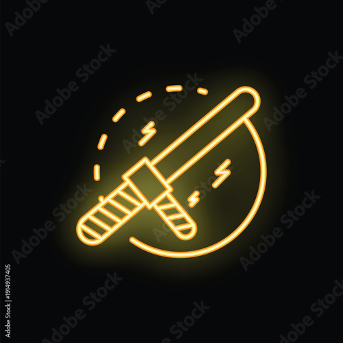 Yellow glowing neon line police rubber baton icon isolated on black background. Rubber truncheon. Police bat. Military equipment. Vector illustration
