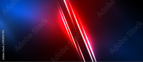 Abstract background features vibrant red lines against blue, black gradients. Dynamic lighting creates futuristic feel. Minimalist design.
