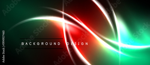 Abstract neon lines create vibrant energy. Green, red, white blend into dark background. Modern design element.