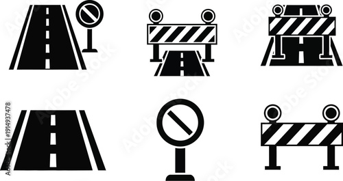 Road signs and traffic elements presented as a striking black silhouette