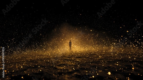 A solitary figure stands in a field of golden sparkles under a bright ethereal glow evoking a sense of wonder and cosmic journey