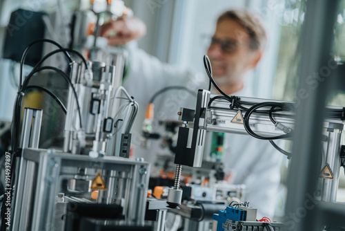 Close-up of machinery with male scientist in background at factory