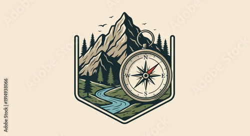 Vintage Compass Guiding Through Majestic Mountain Landscape.
