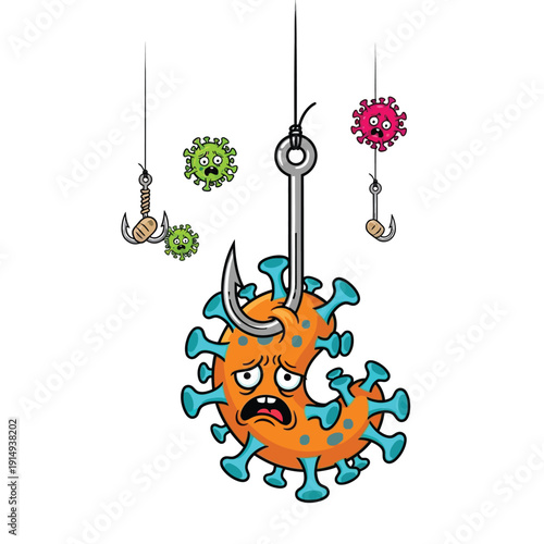A distressed virus caught on a fishing hook symbolizes being trapped or captured, with other viruses looking on in fear.