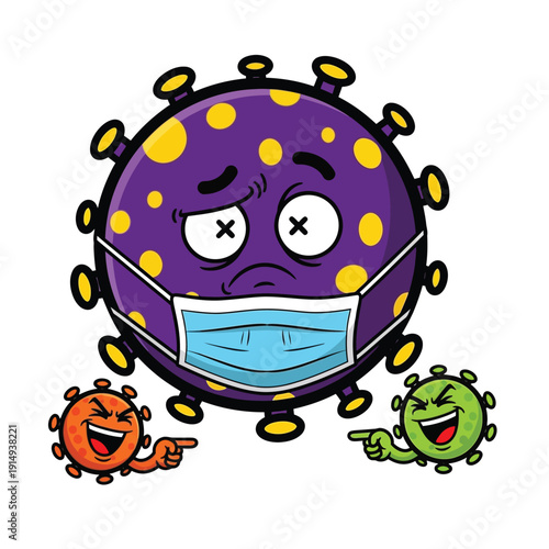 A lone virus in a mask appears dejected, as other viruses point and laugh, depicting ridicule for taking precautions against illness.