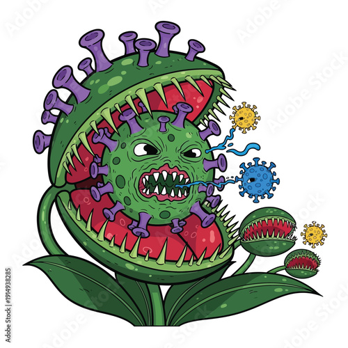 A menacing virus is about to be devoured by a large Venus flytrap, with other viruses fleeing, illustrating a dangerous encounter.