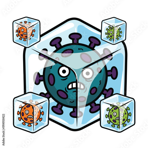 A visual representation of coronavirus characters encased in ice cubes, symbolizing the effects of freezing temperatures and containment methods.