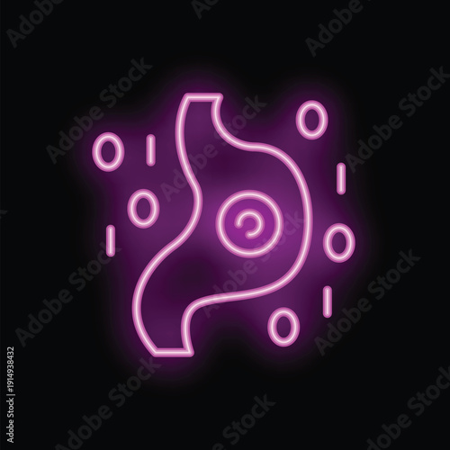 Glowing purple neon style icon of a stomach producing gastric acid, on a black background