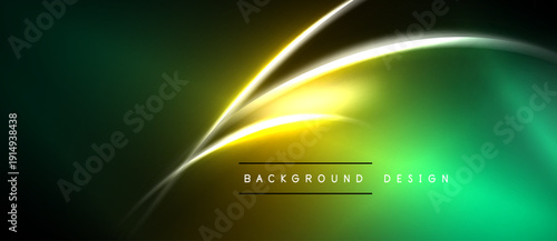 Abstract neon lines create dynamic gradient effect. Dark background highlights bright yellow, green hues. Modern design element.