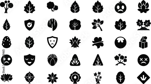 Collection of black icons depicting plants faces and objects silhouette