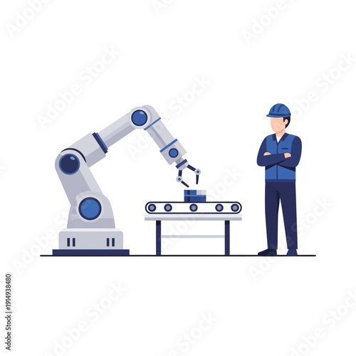 Industrial robot arm on conveyor belt with worker, modern factory automation concept