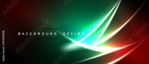 Abstract background features vibrant neon lines, gradients. Dark shades transition into bright green, red hues. Modern design element.