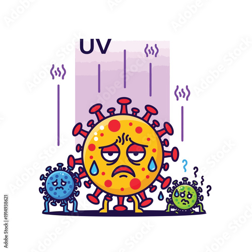 A yellow virus looks stressed under purple UV light rays, with sweat drops. Blue and green viruses look puzzled with question marks.