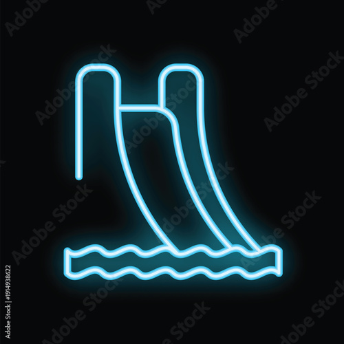 Blue neon sign depicting two water park slides going into a pool of water, isolated on a black background