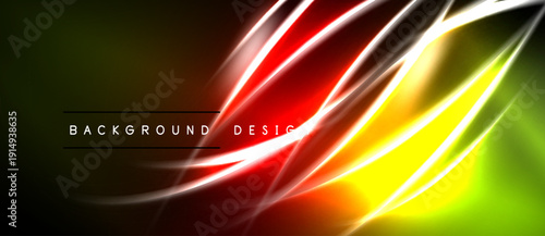 Abstract vibrant streaks, flowing lines. Dark background contrasts bright yellow, red, green hues. Modern design element.