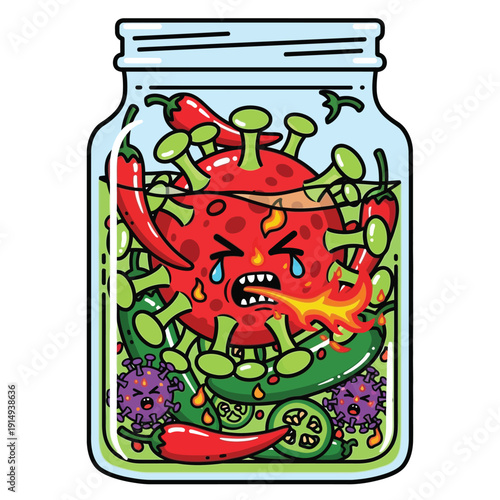 A red virus character with fiery breath is trapped in a glass jar filled with pickles, cucumbers, and hot chili peppers.