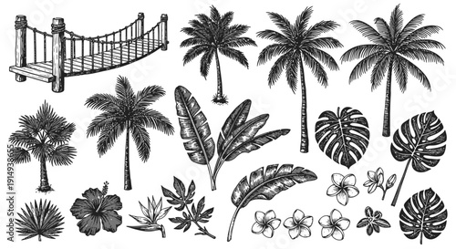 Tropical island scene with bridge palms and flowers sketch style silhouette