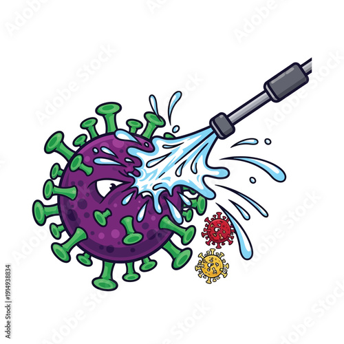 A purple cartoon virus is violently sprayed with water from a hose, with smaller viruses being washed away, depicting powerful cleaning and disinfection.
