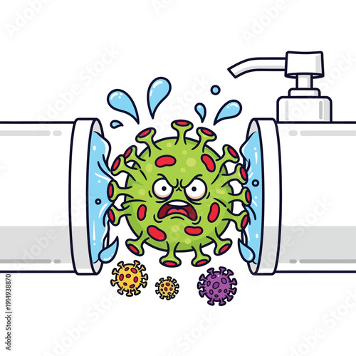 A frightened green cartoon virus with red spots bursts out of a cracked white pipe, with water splashing and other viruses nearby, signaling a leak or breach.