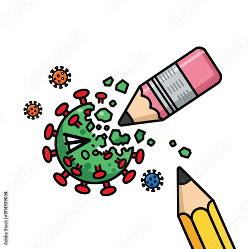 Two pencils actively breaking apart a cartoon virus character, representing the power of education, knowledge, and critical thinking in fighting against viruses or misinformation.