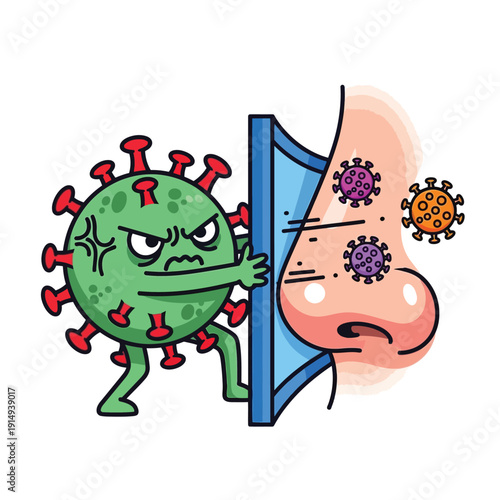 An aggressive cartoon virus character attempting to push through a barrier into a human nose, symbolizing the entry point of infection and the importance of preventing disease transmission.