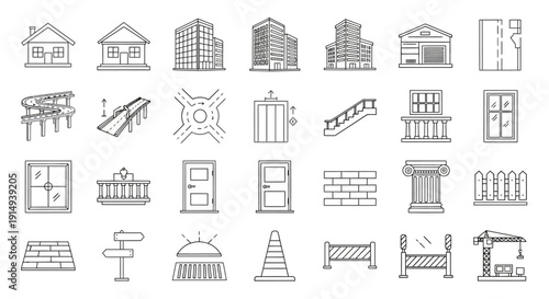 Collection of architectural elements and building outline icons in linear style