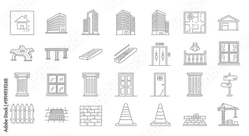 Collection of architectural building elements and structural icons in outline style