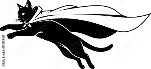 Heroic Flying Cat Silhouette - Minimalist Superhero Feline with Cape Vector