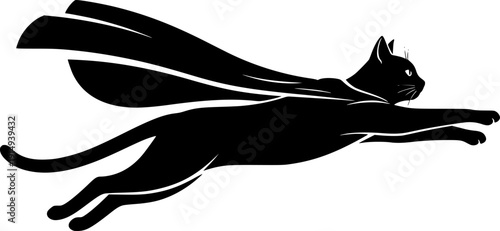 Heroic Flying Cat Silhouette - Minimalist Superhero Feline with Cape Vector