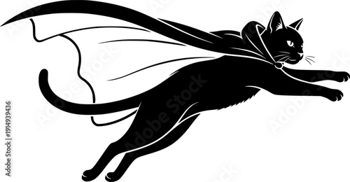 Heroic Flying Cat Silhouette - Minimalist Superhero Feline with Cape Vector