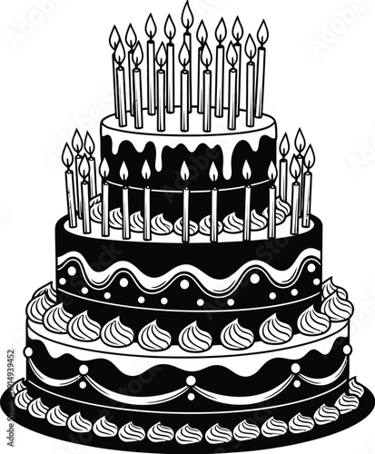 A three tiered birthday cake with many lit candles black and white silhouette
