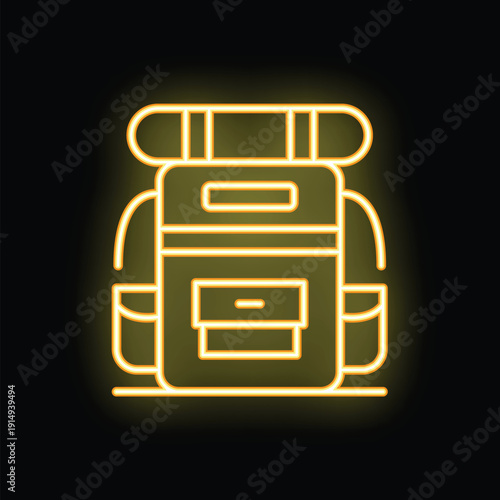 Glowing neon icon of a camping backpack, featuring a sleeping bag on top, ideal for representing hiking, trekking, and outdoor adventures